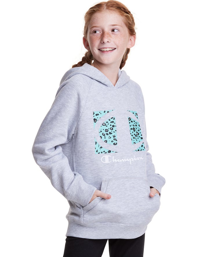 Champion Pige Hættetrøje Grå - Fleece Raglan Leopard Knockout Logo - Danmark ARD-514298